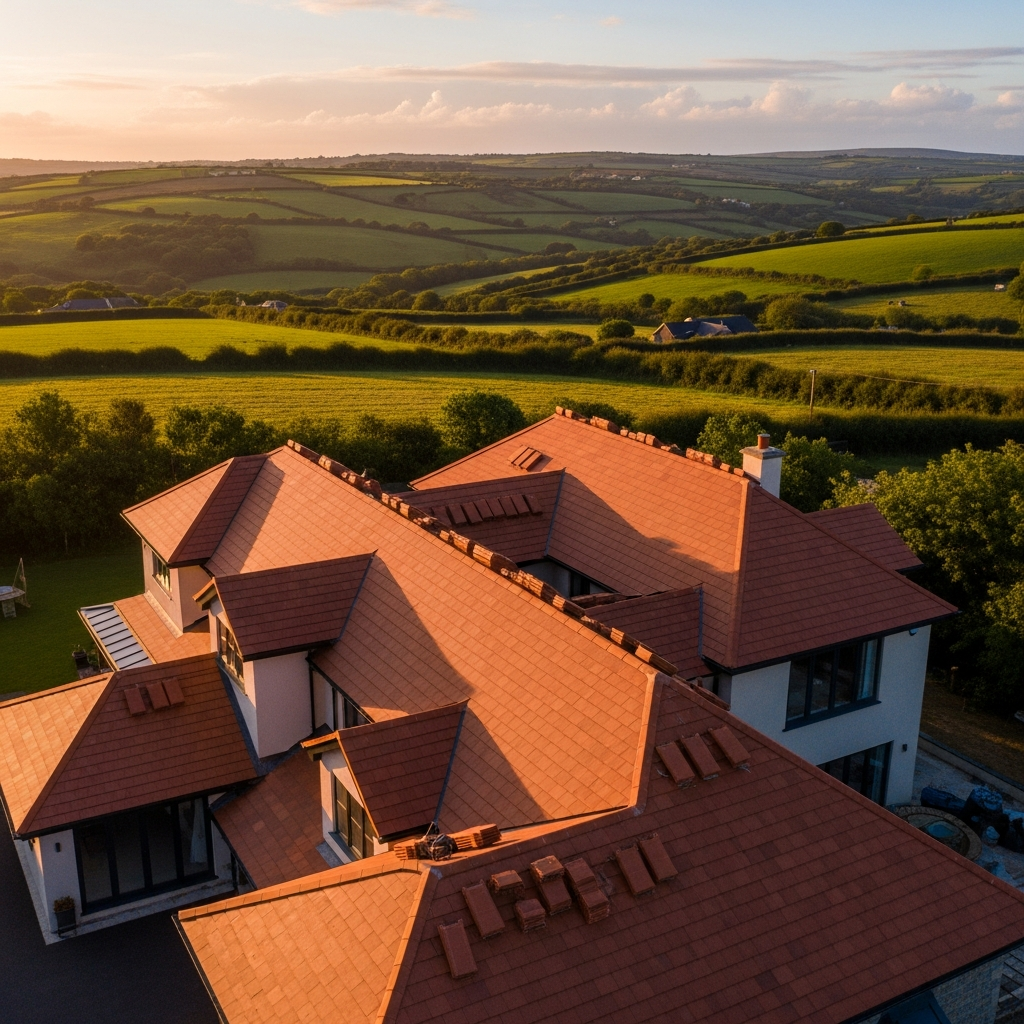 Completed clay tile roof aerial view